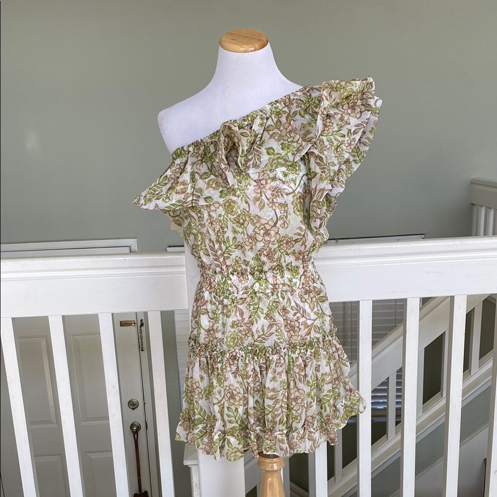 ***NWOT** Misa Los Angeles Asymmetrical Ruffled Sundress Green and Brown